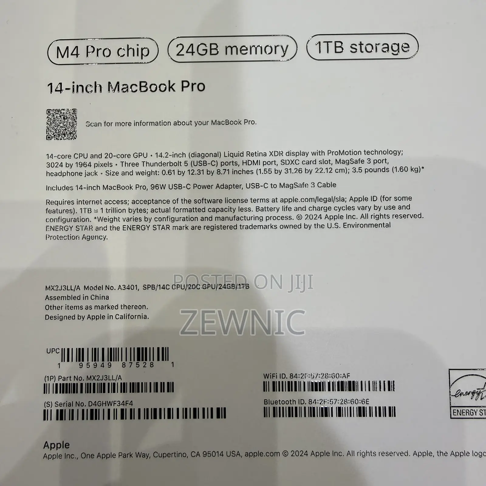 New Laptop Apple MacBook Pro 2024 M4 14-Inch 24GB Apple M4 Pro SSD 1T