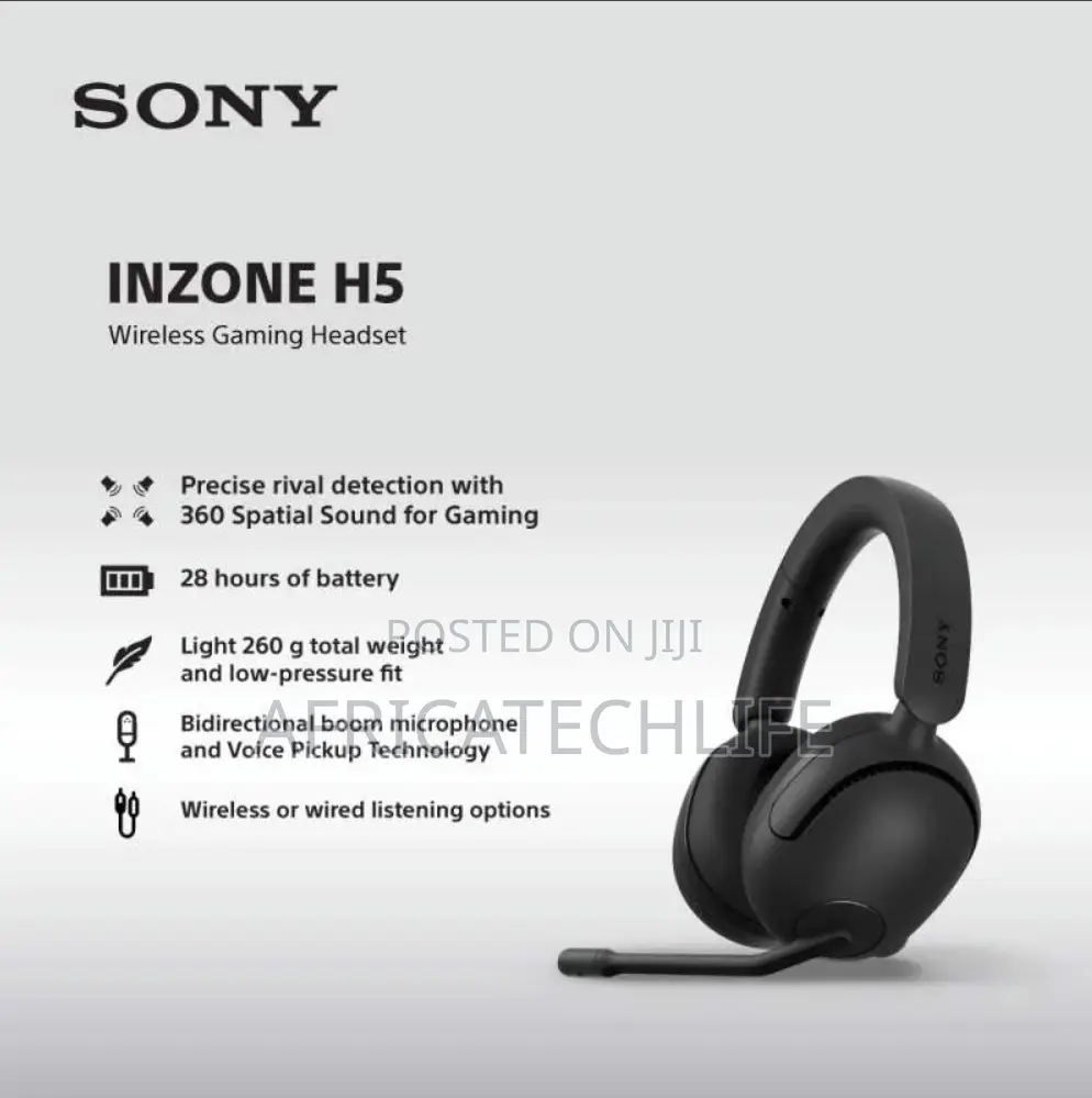 Sony Inzone H5 Wireless Gaming Headset, Ps5 Pc (Black), 360 Sound