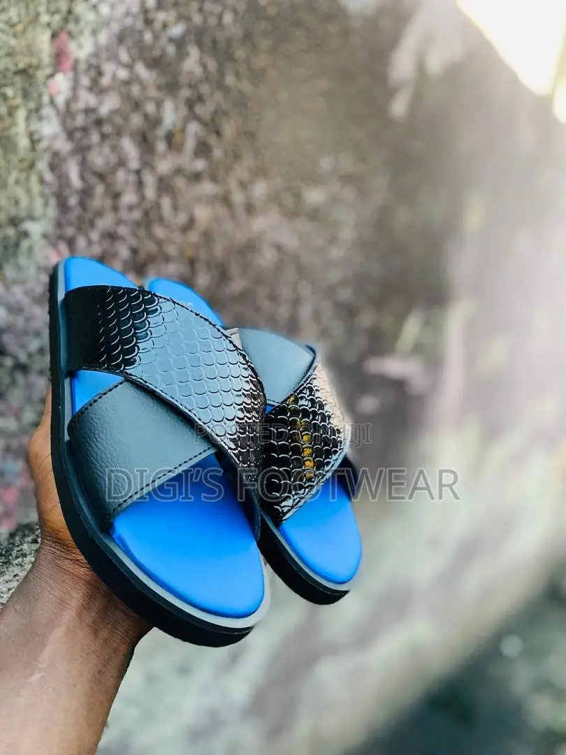 Black Leather Slipper With Blue Inside
