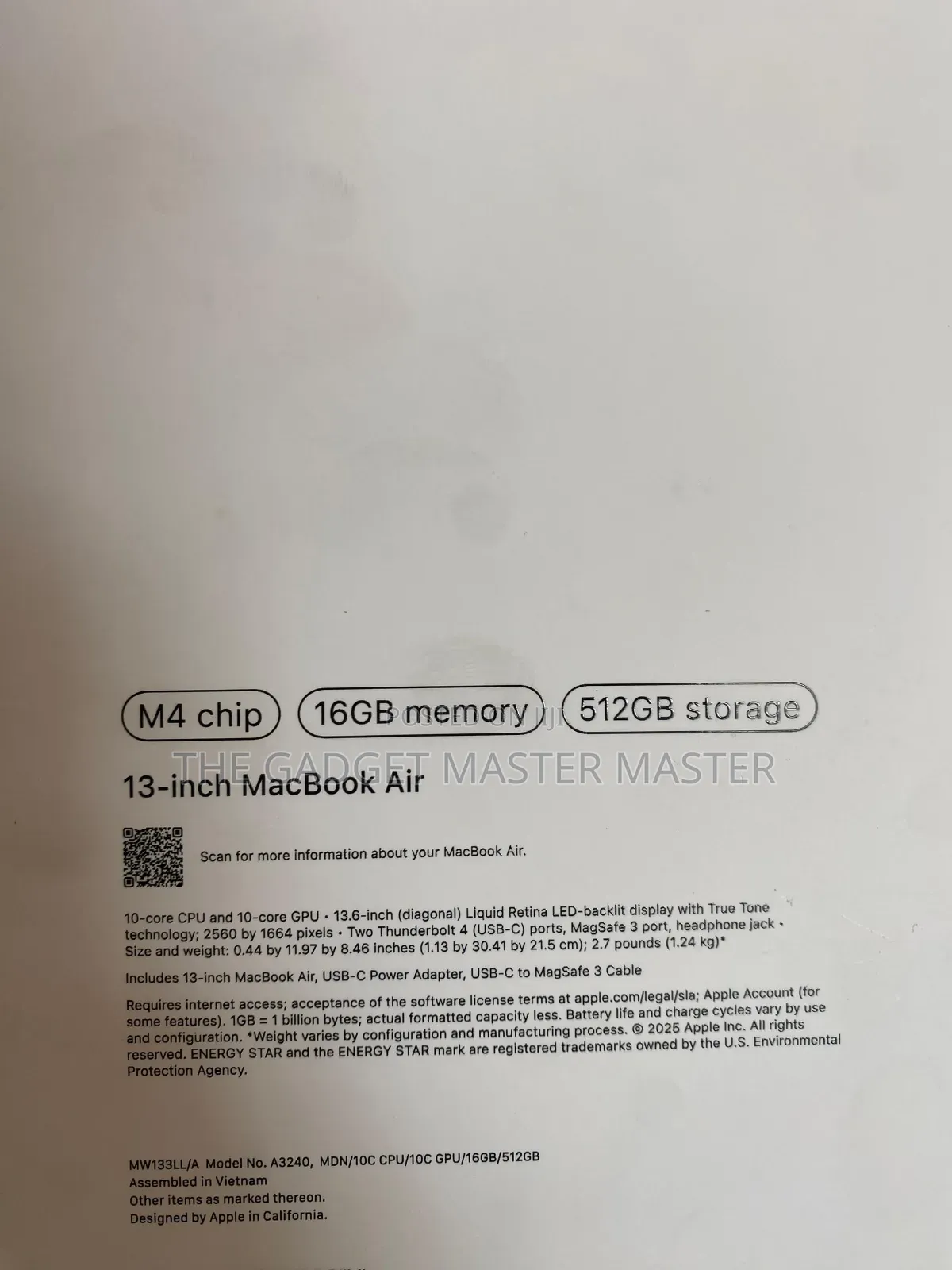 New Laptop Apple MacBook Air 2025 M4 13-inch 16GB Apple M4 SSD 512GB