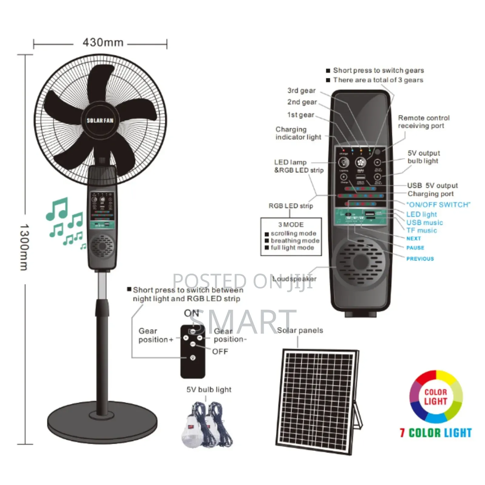 16 Inch Rechargeable Electric Solar Music Fan, Bluetooth and Panel