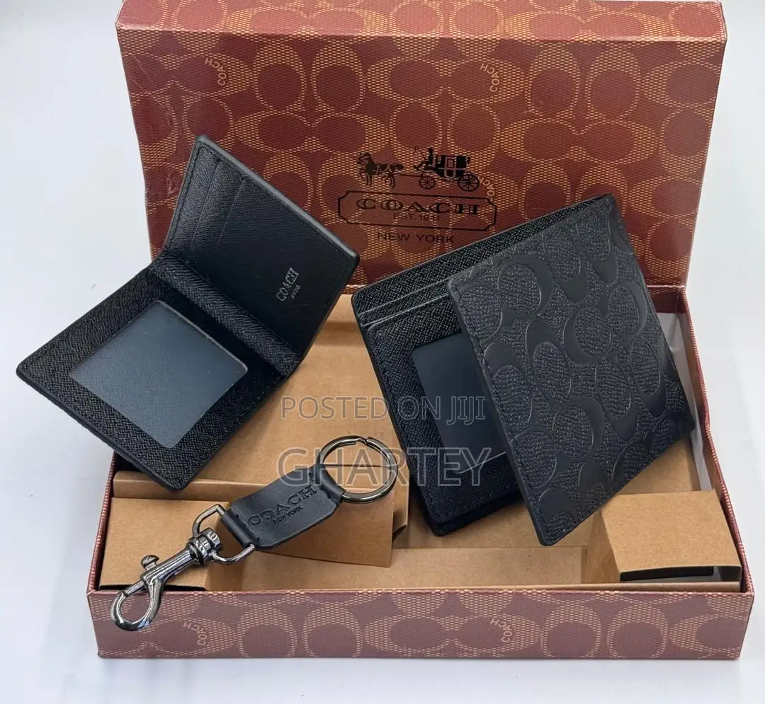 Men’S Black Leather Gift Set – Wallet, Card Case Key Fob