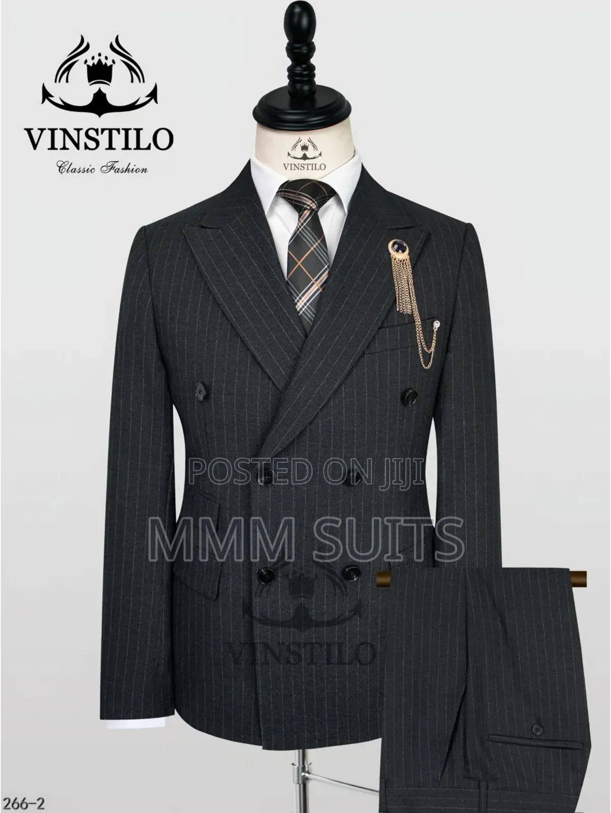 Classic and Simple Vinstillo Double-Breasted Striped Men's Suit Grey