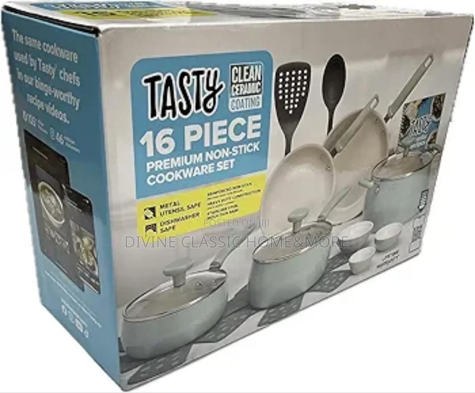 Tasty Clean Ceramic 16pcs Non-Stick Aluminium Cookware Set, Slate Blue