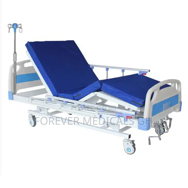 Hospital Bed 3 Crank With Mattress, Drip Stand and Overhead Table