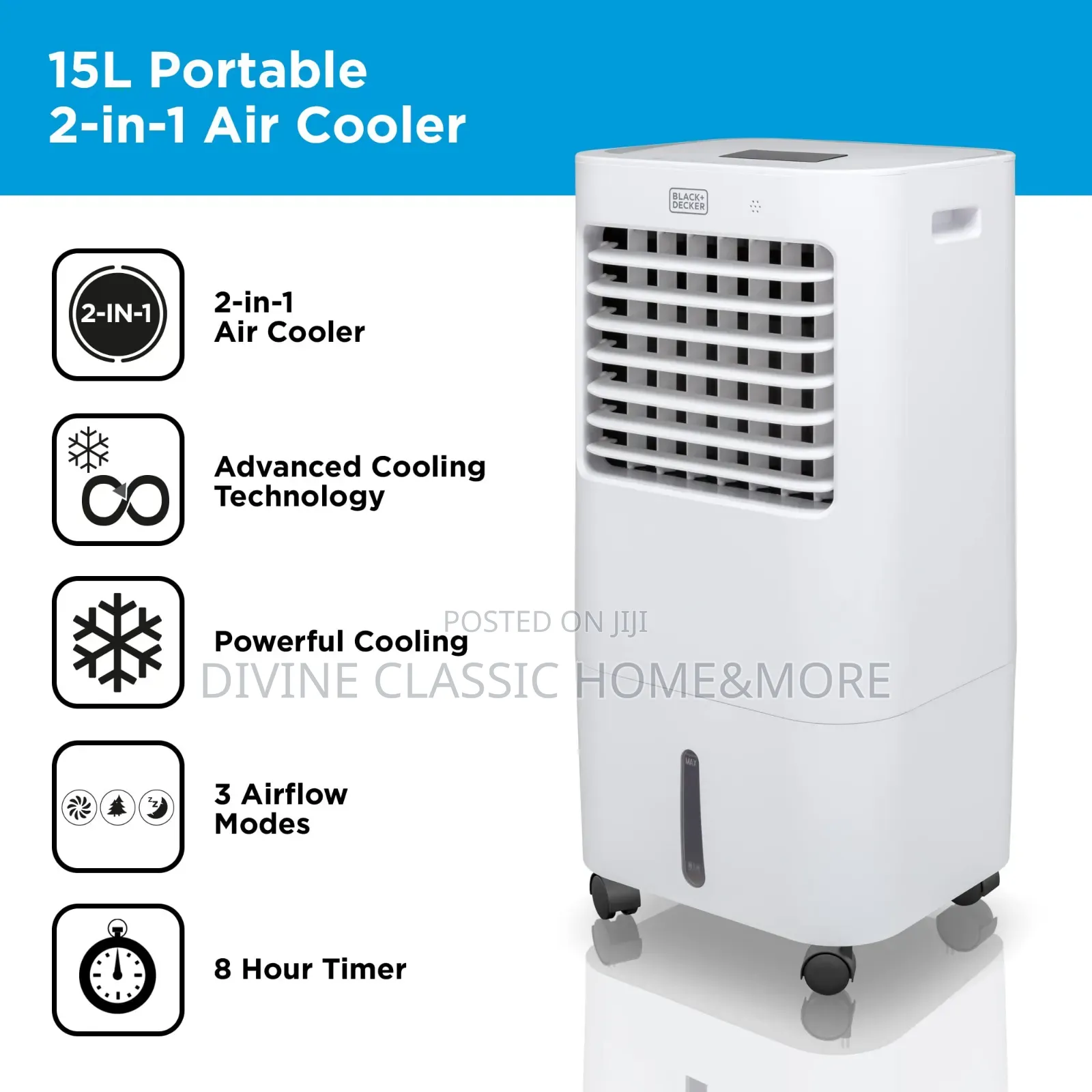 Black+Decker, 15l Portable 2-in-1 Air Cooler, 3remote Control, 65w