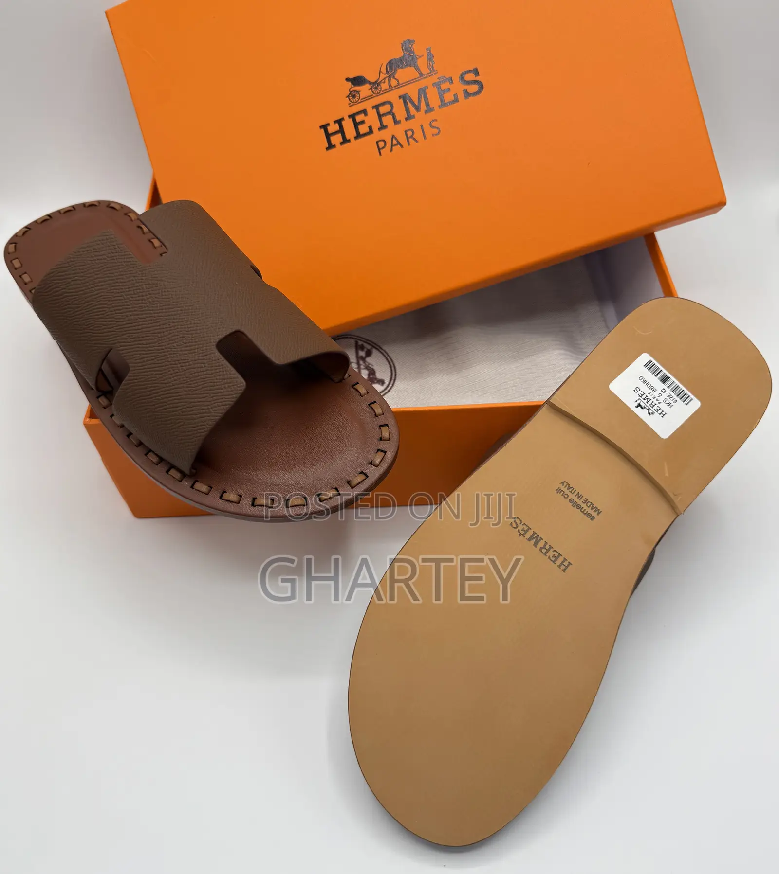 Hermès-Inspired Etoupe Epsom Leather “H” Slide Sandals