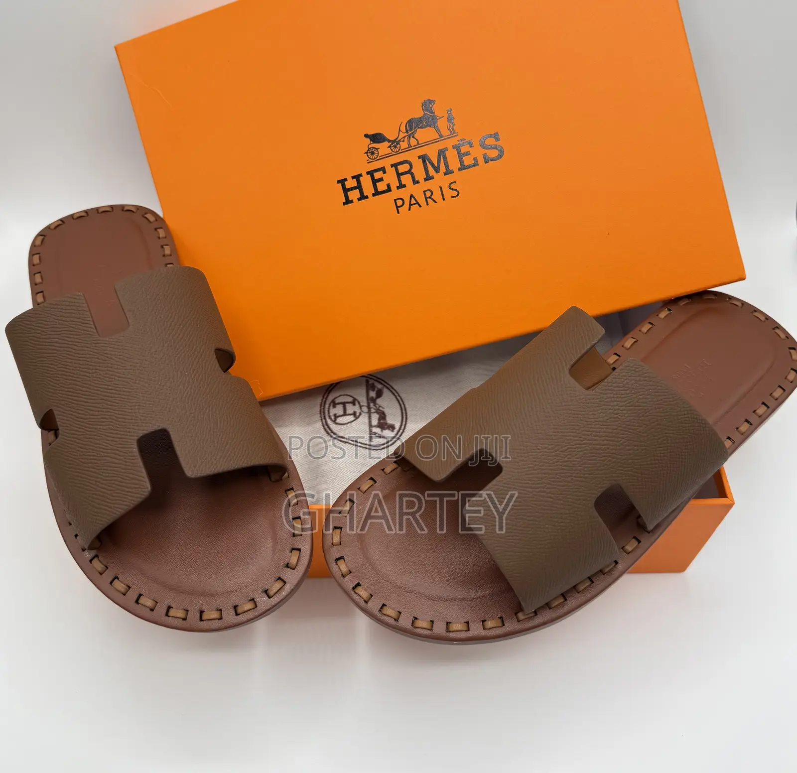 Hermès-Inspired Etoupe Epsom Leather “H” Slide Sandals