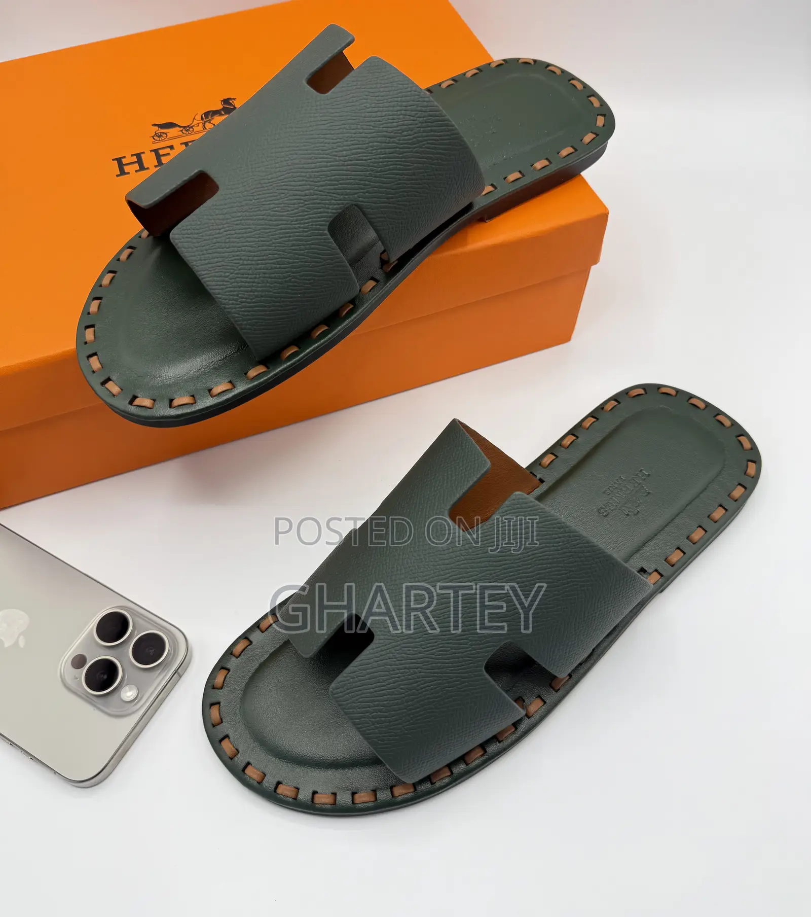 Hermès-Inspired Vert Rousseau Crocodile-Embossed “H” Slides