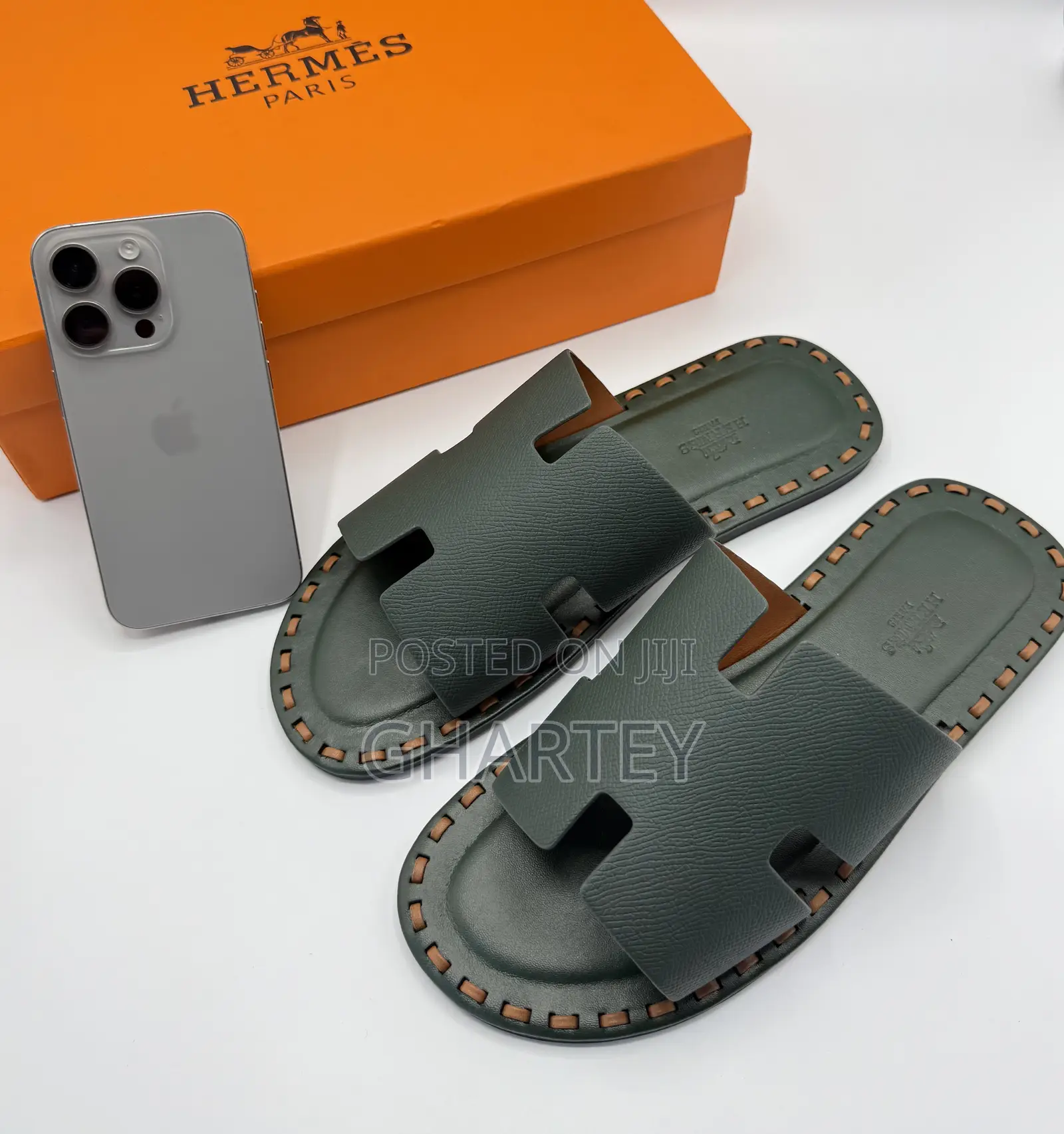 Hermès-Inspired Vert Rousseau Crocodile-Embossed “H” Slides
