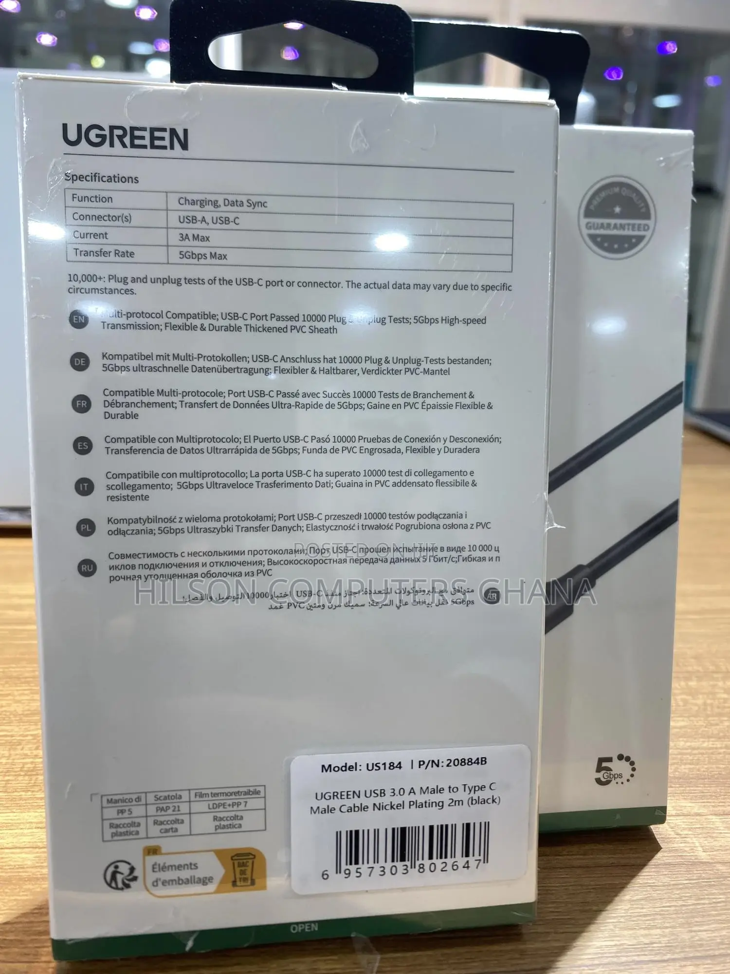 Ugreen Usb 3.0 a Male to Type C Male Cable 2m - 20884