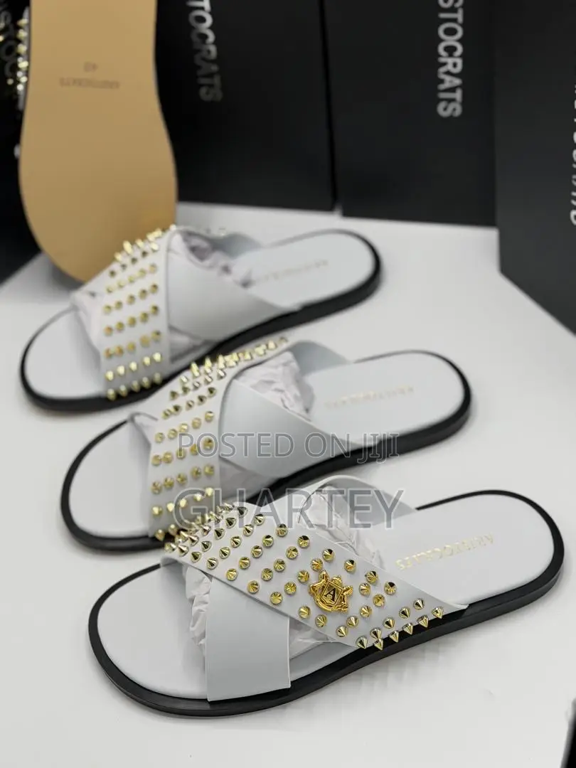 Aristocrat Luxe Studded Cross-Strap Slippers – Black, White Gold