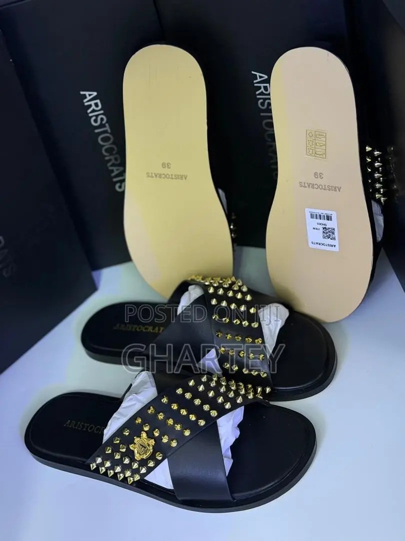 Aristocrat Luxe Studded Cross-Strap Slippers – Black, White Gold