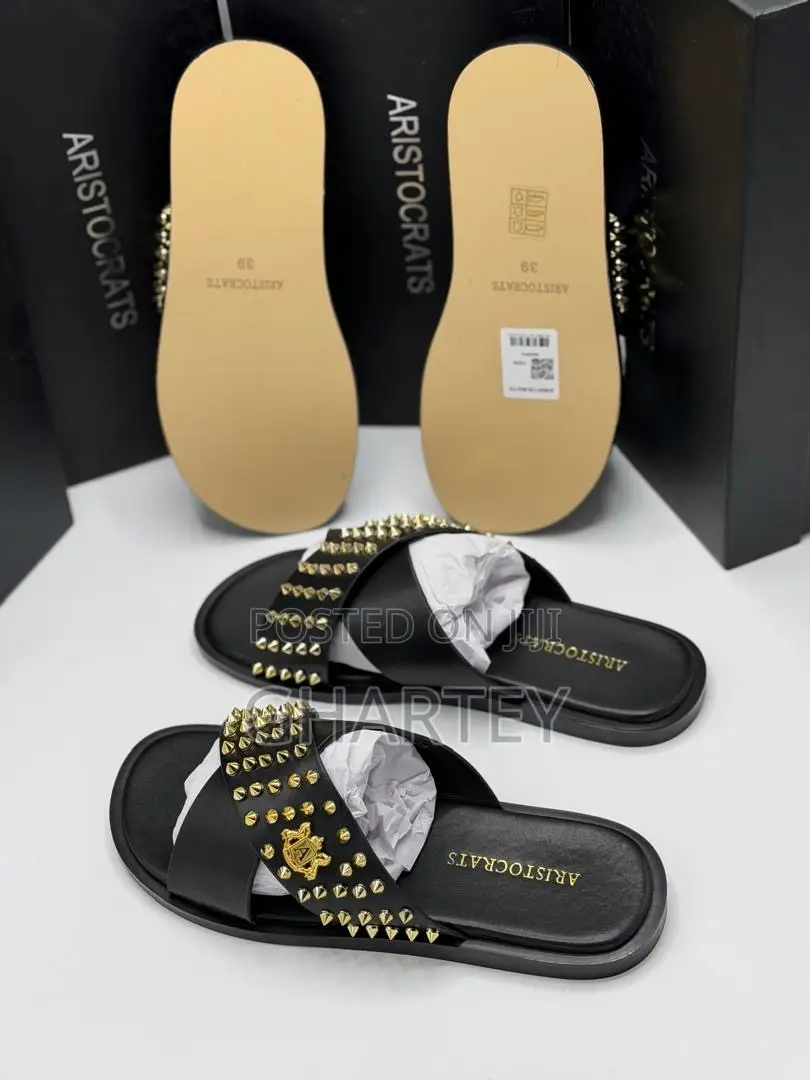 Aristocrat Luxe Studded Cross-Strap Slippers – Black, White Gold