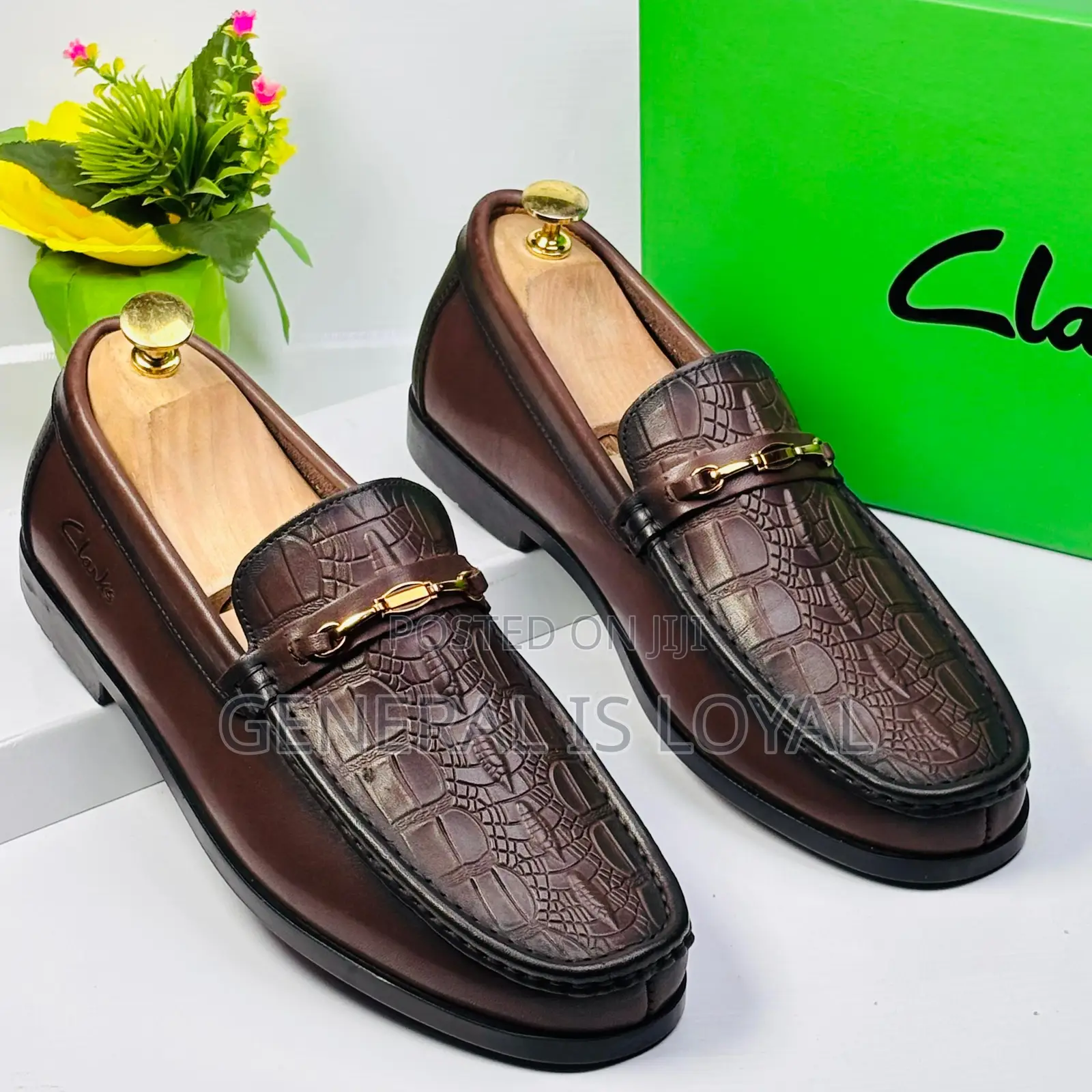 Clarks Leather Coffee Loafers With An Embossed Crocodile Pattern