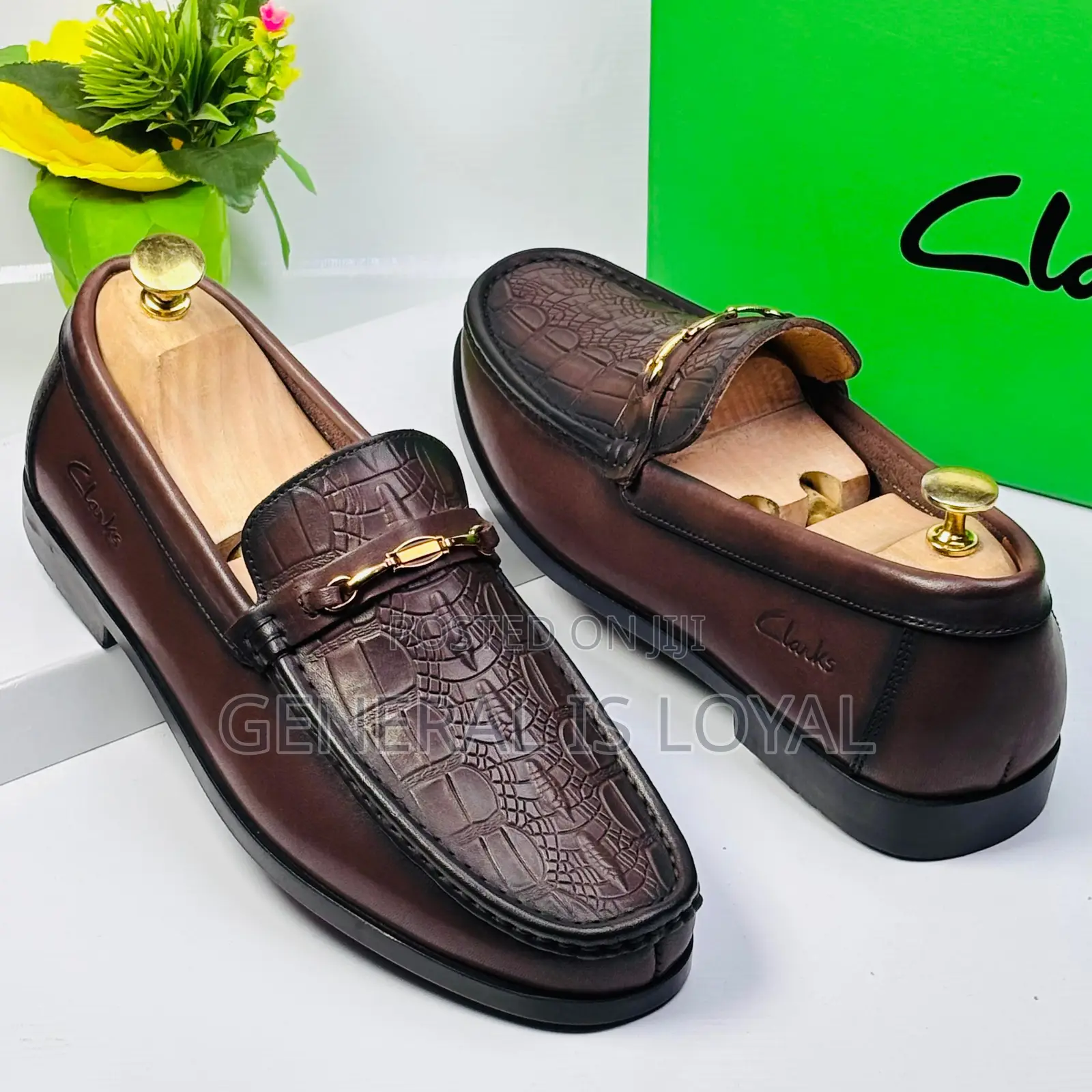 Clarks Leather Coffee Loafers With An Embossed Crocodile Pattern