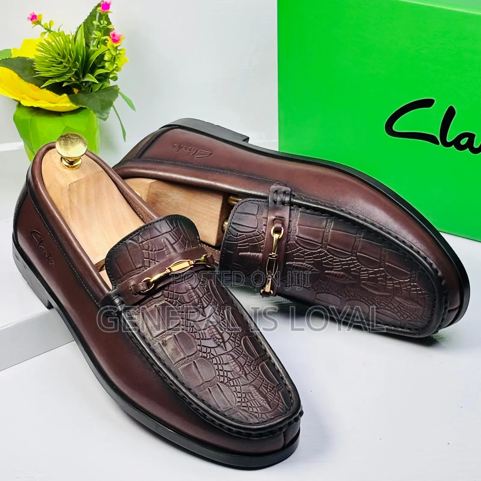 Clarks Leather Coffee Loafers With An Embossed Crocodile Pattern