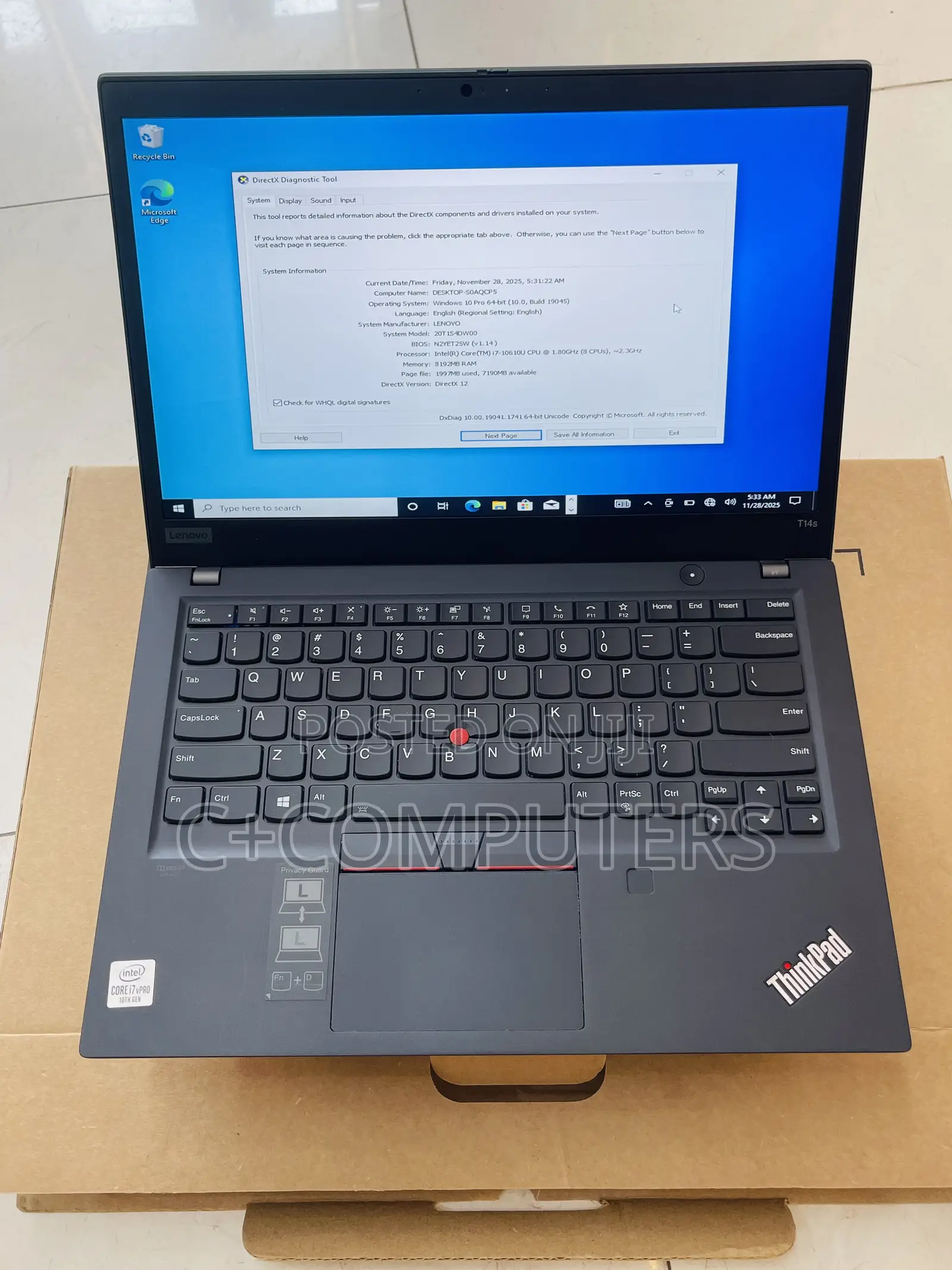 New Laptop Lenovo Thinkpad T14s Gen 1 8GB Intel Core I7 SSD 256GB