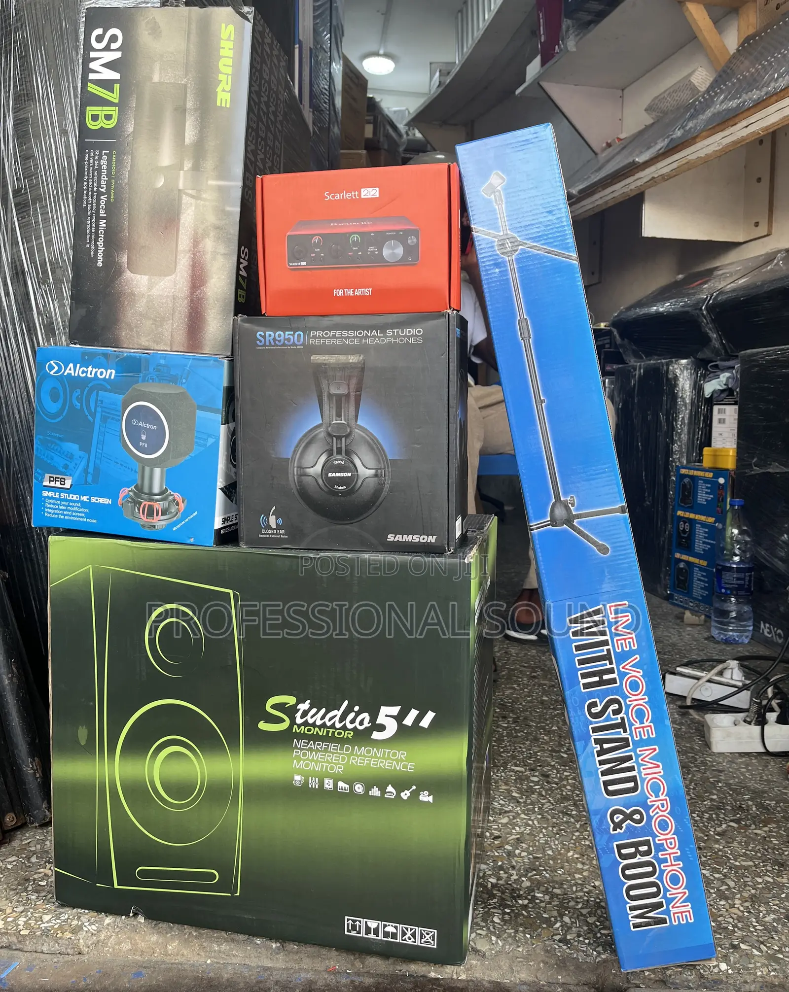 Studio Microphone, Audio Interface, Headphones, and a Studio Monitor.
