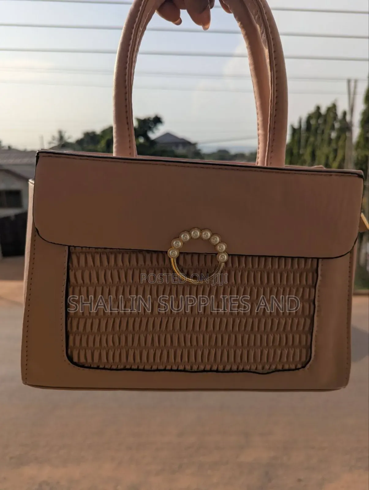 Elegant Nude Mini Handbag With Pearl Ring Clasp Ruched Detail