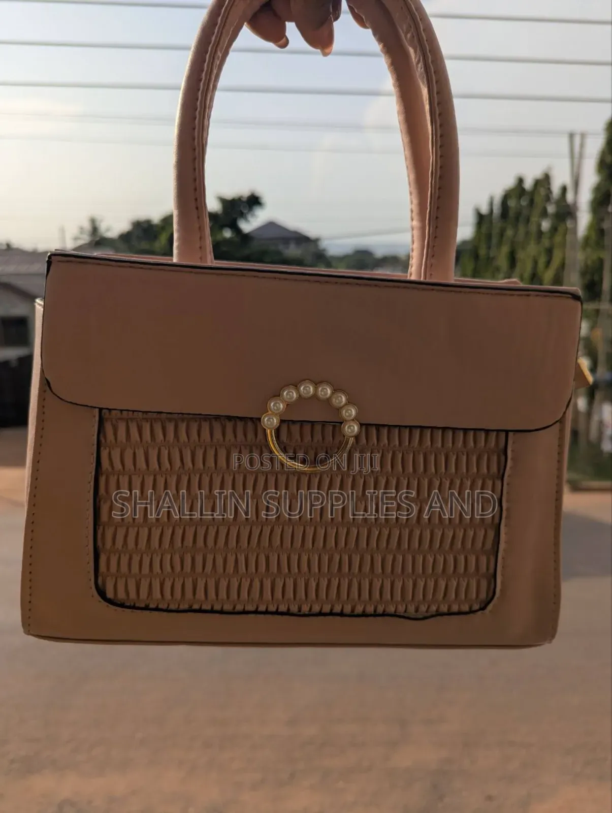 Elegant Nude Mini Handbag With Pearl Ring Clasp Ruched Detail