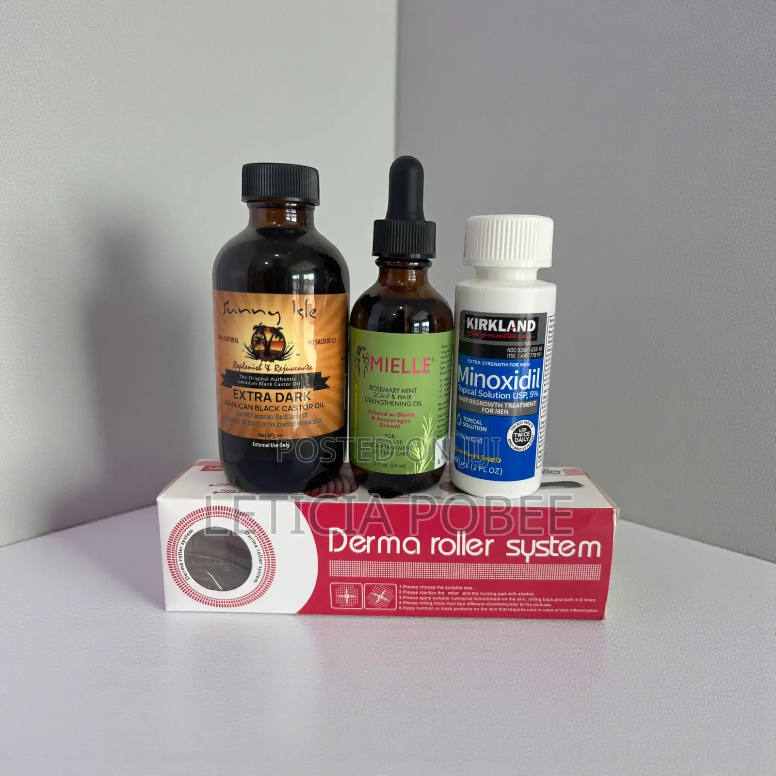 Complete Hairgrowth Recoverykit Dermaroller+Minoxidil+Castor+Mielle Oi