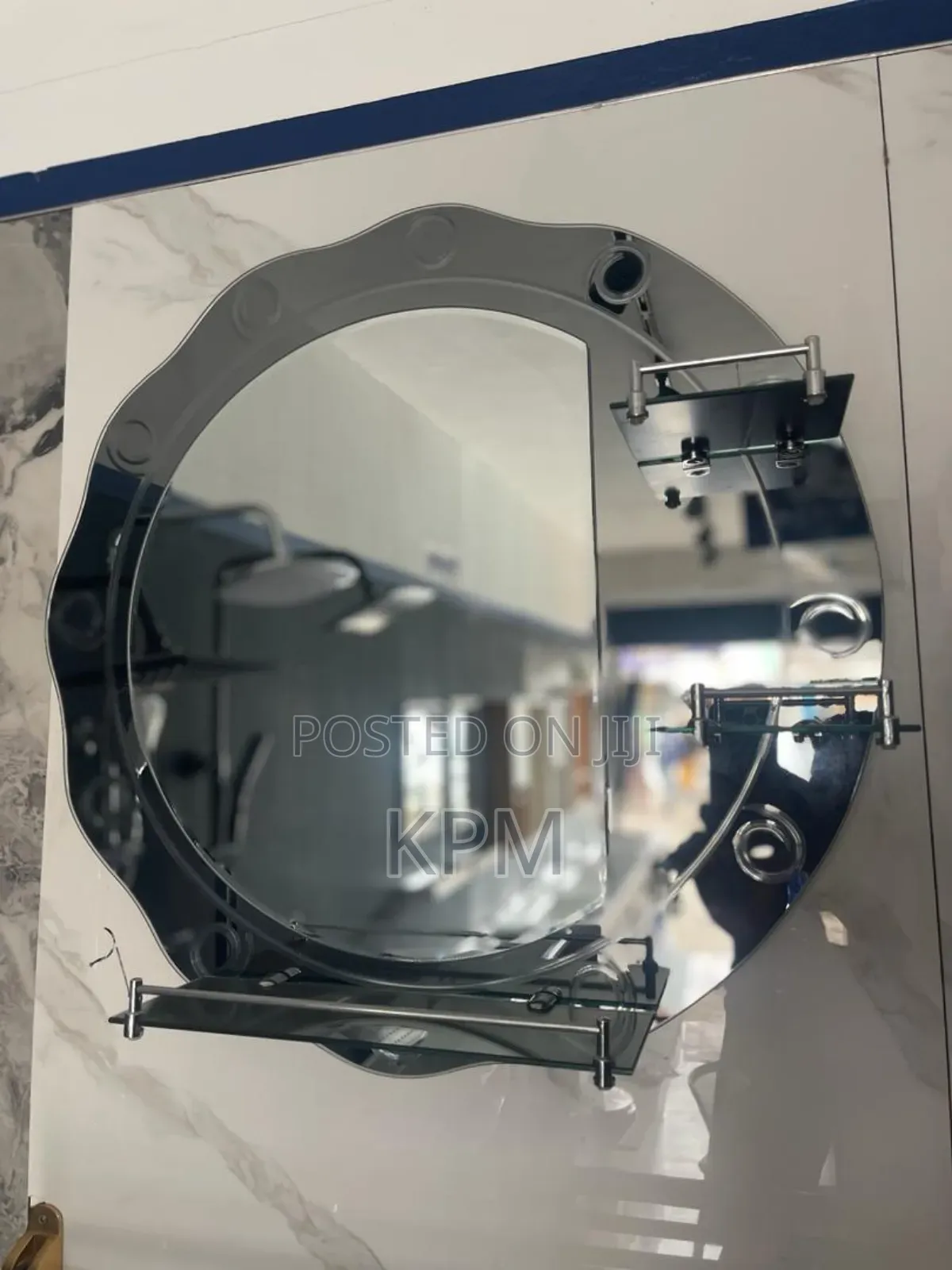 Round Bathroom Mirror With Triple Glass Shelves Attached