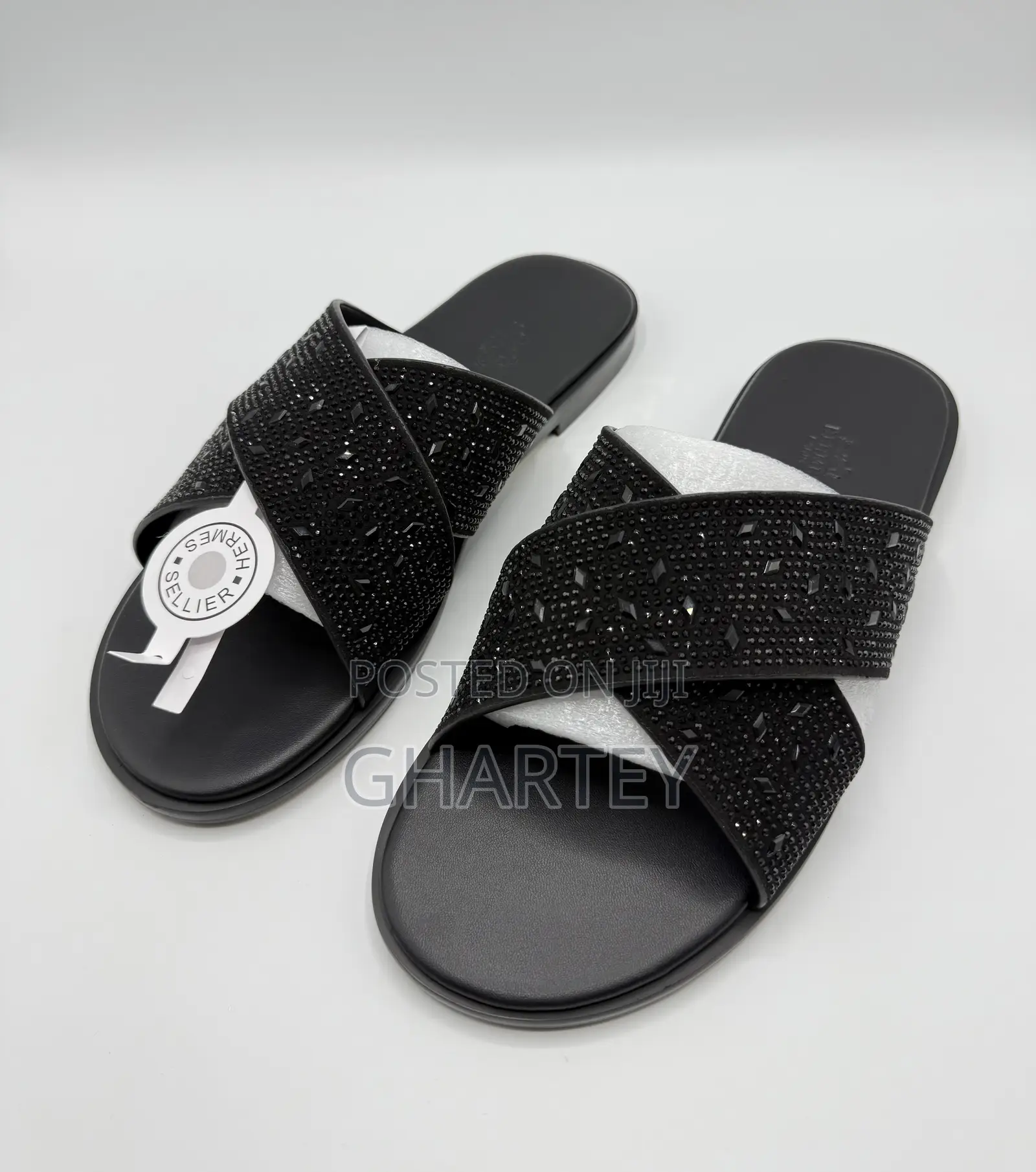 Hermès Luxury Black Crystal Slide Sandals
