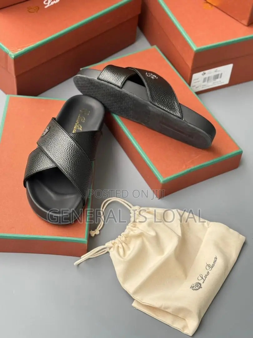 Loro Piana Cross Leather Black Men’S Slippers/Sandals