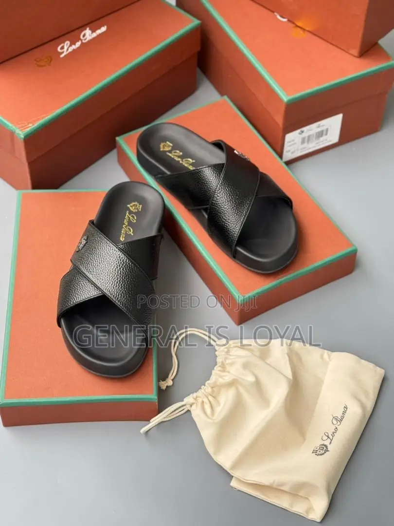 Loro Piana Cross Leather Black Men’S Slippers/Sandals