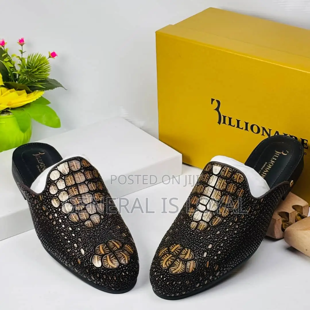 Billionaire Men's Leather Half Shoes Black And Gold Crocs Skin Pattern