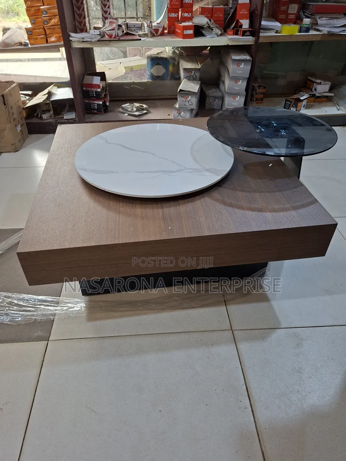 Center Table X Coffee Table With Spinning Marble Top and Glass 90x90cm