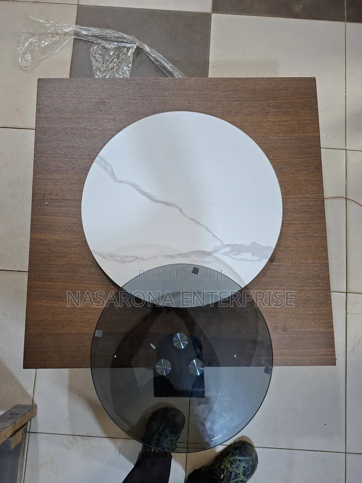 Center Table X Coffee Table With Spinning Marble Top and Glass 90x90cm