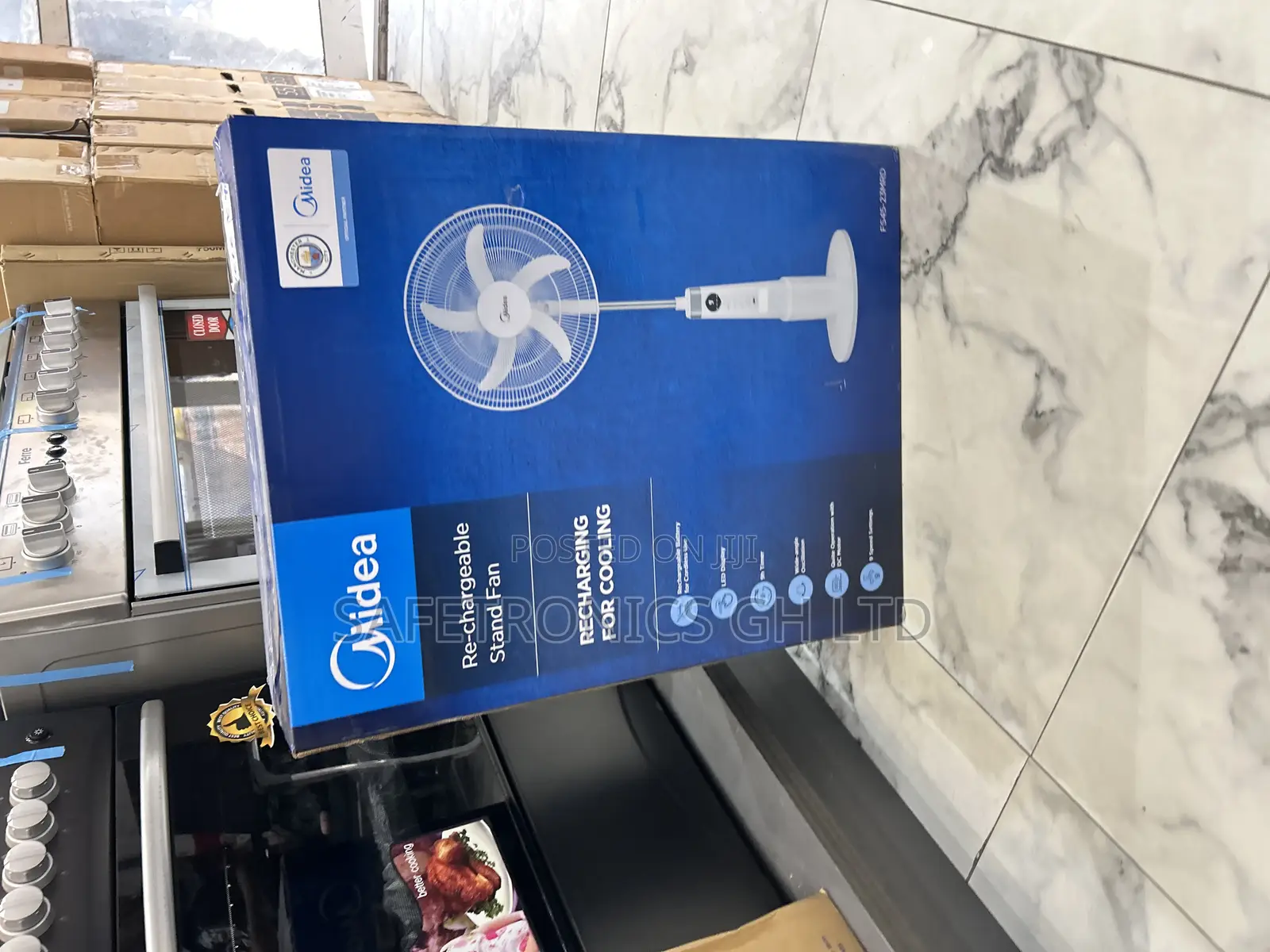 Get Durable New 18” Midea Electric White Rechargeable Stand Fan