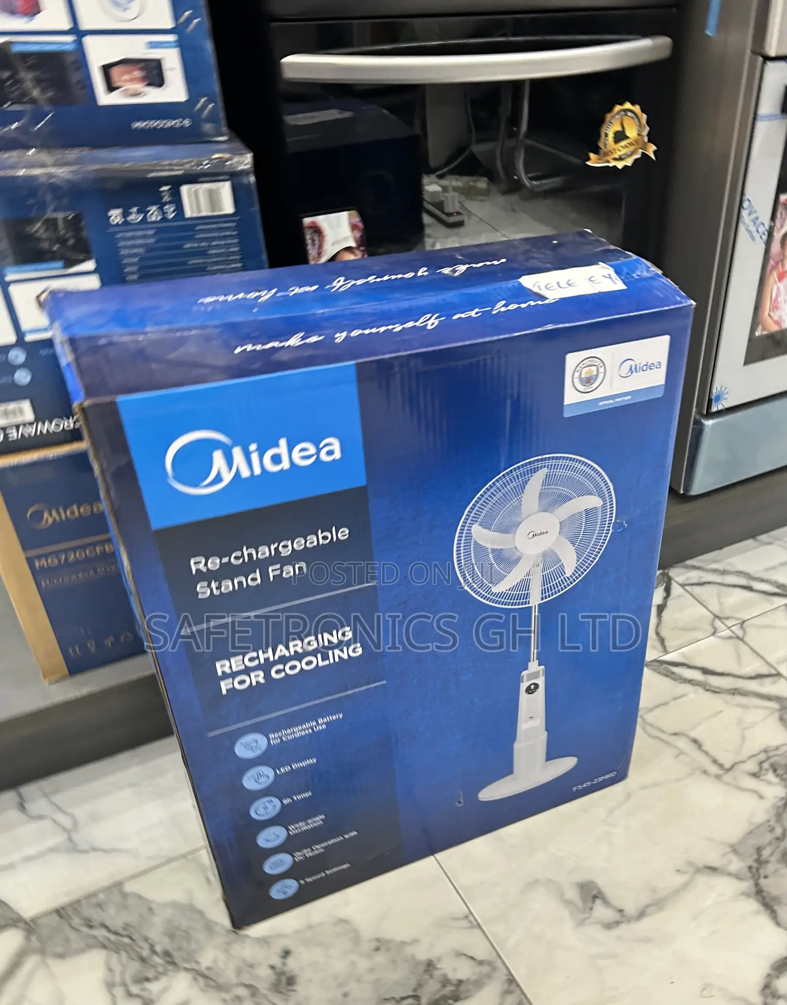 Purchase Secured White Midea Electric 18” Rechargeable Stand Fan