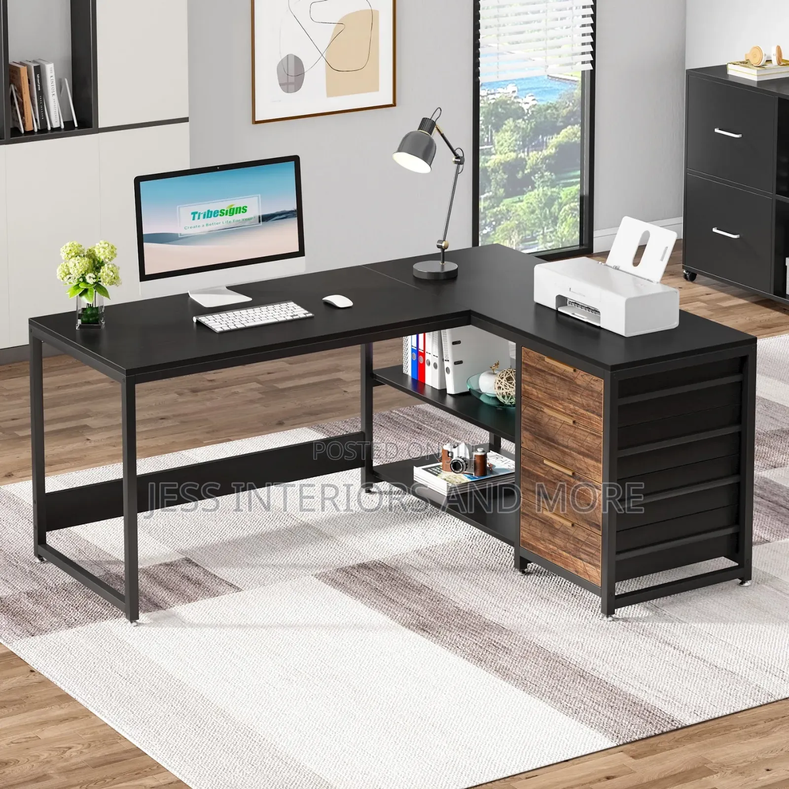 Computer Deskwith Drawers and Storage Shelves (L- Shaped)