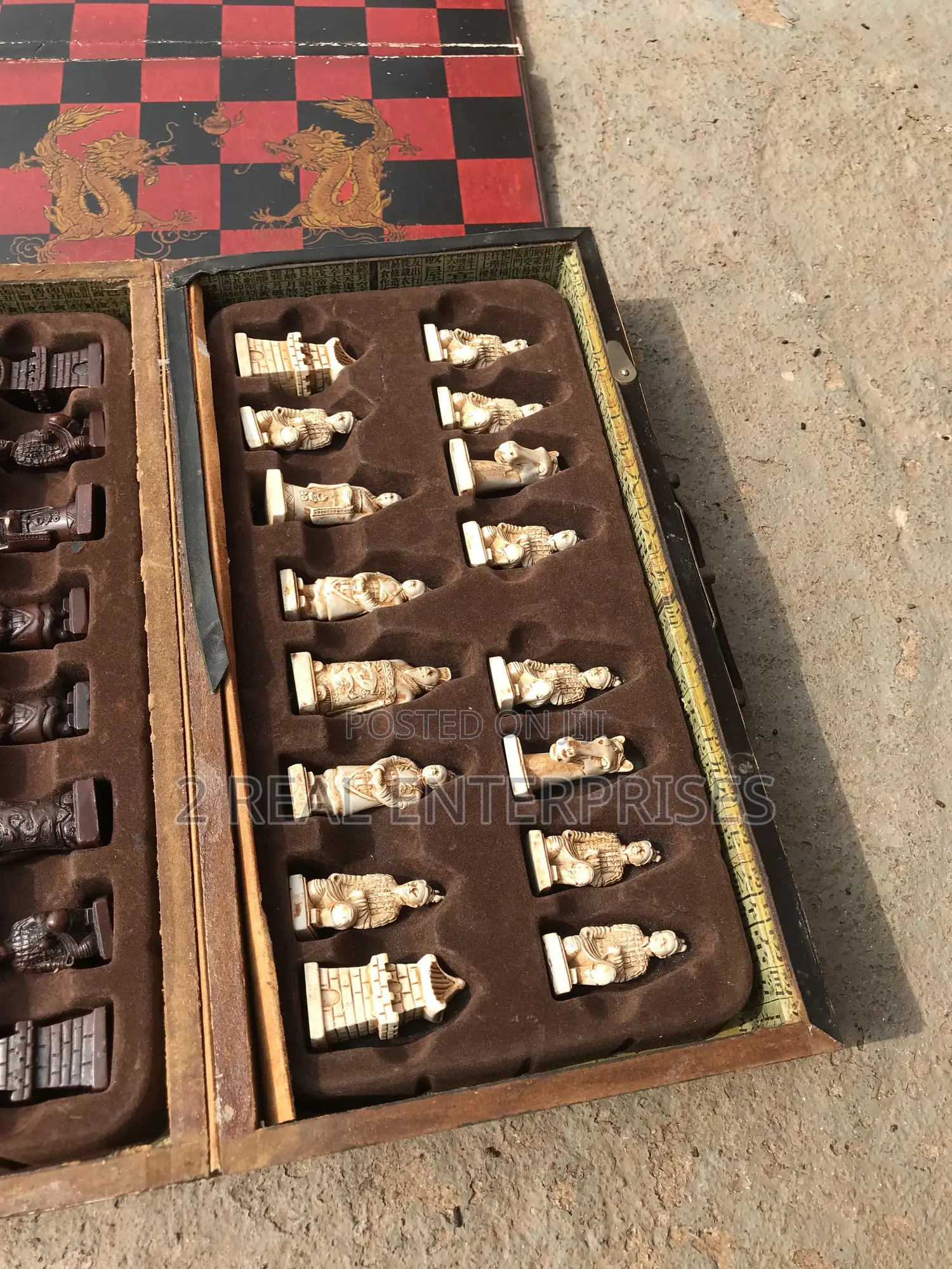 Original Antique Chinese Chess With Wooden Carved Characters Pre Owned