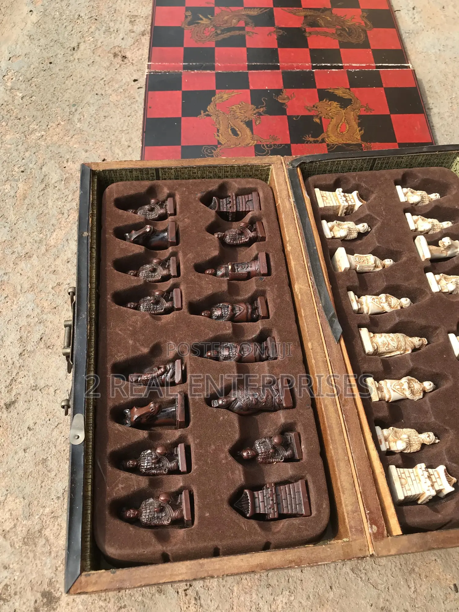Original Antique Chinese Chess With Wooden Carved Characters Pre Owned
