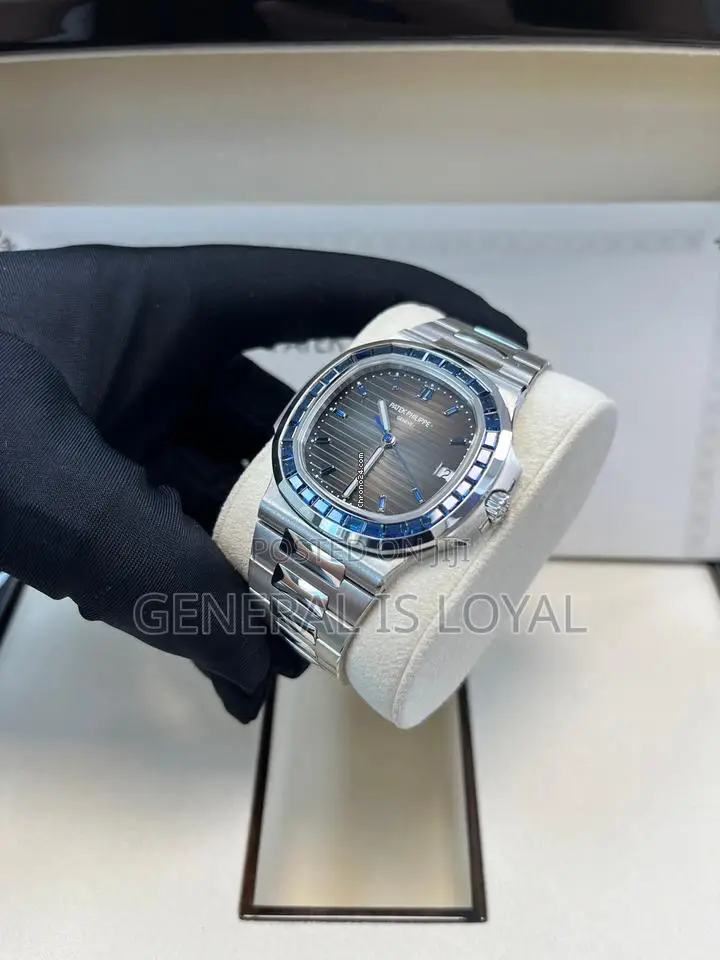 Patek Philippe Nautilus Silver Watch In Platinum Blue Sapphire