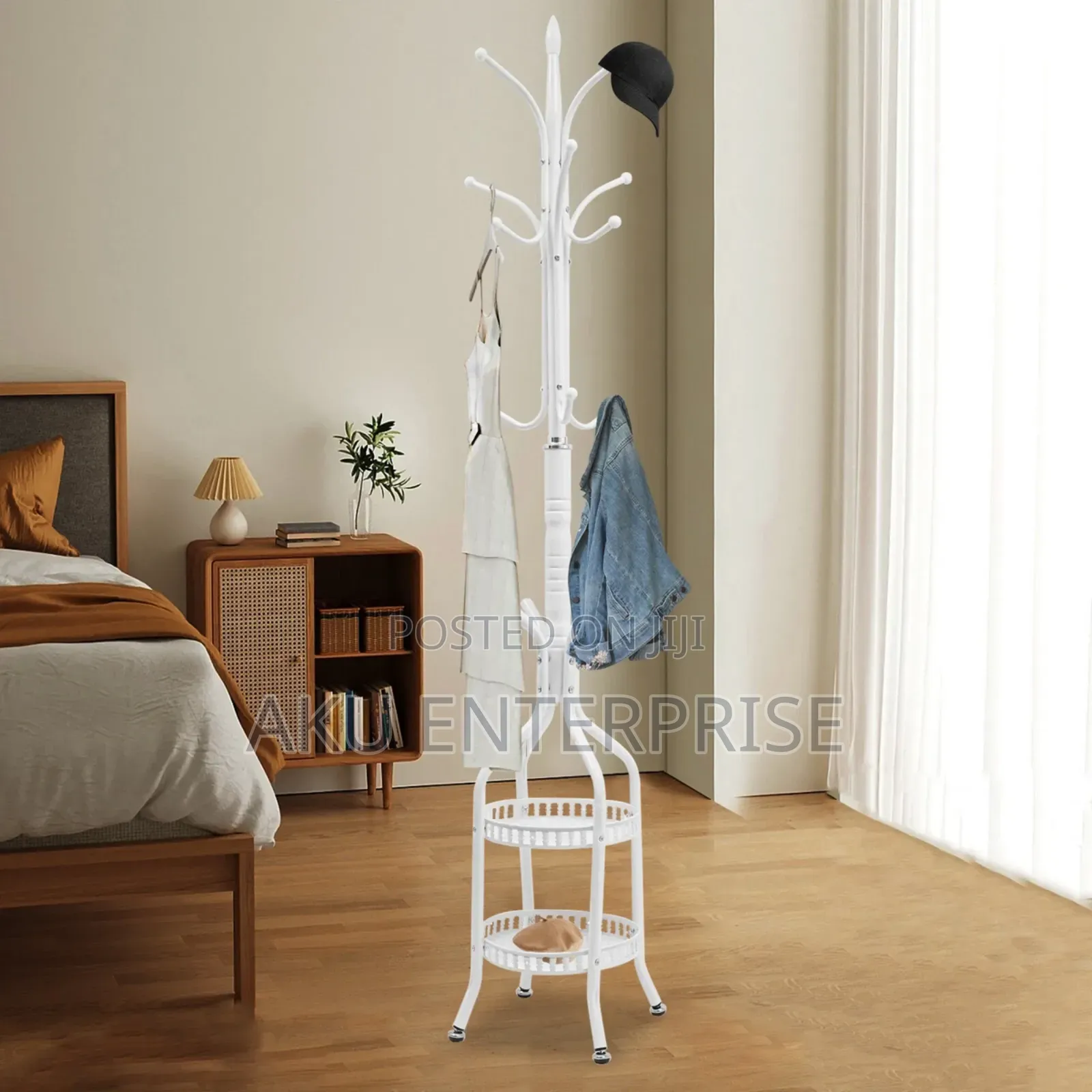 Coat Hanger Stand With Double Layer Basket Freestanding Hat Hall Tree
