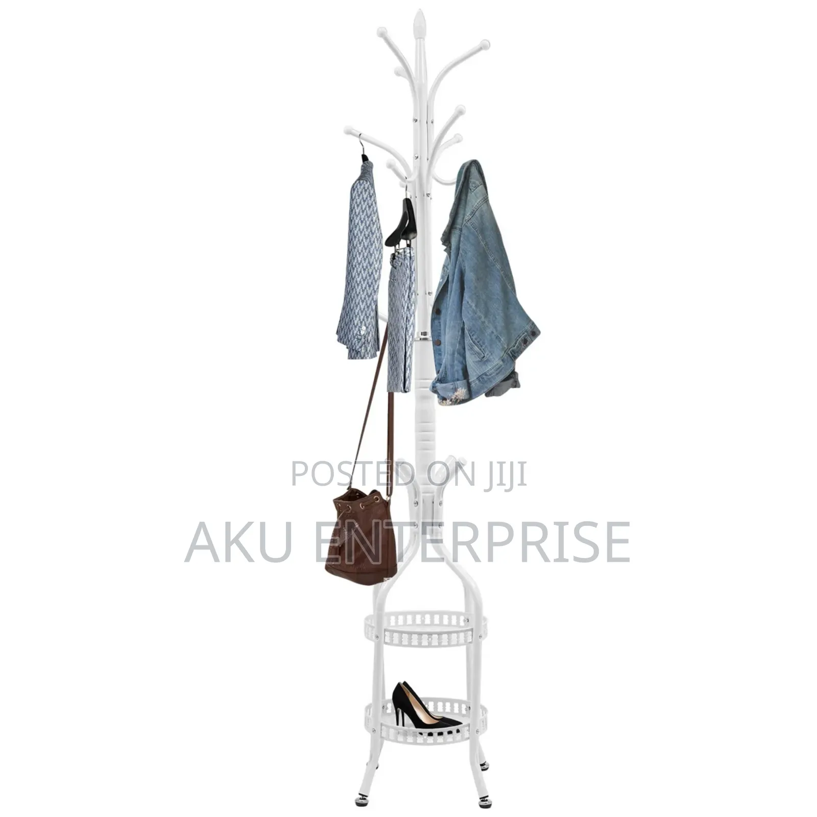 Coat Hanger Stand With Double Layer Basket Freestanding Hat Hall Tree