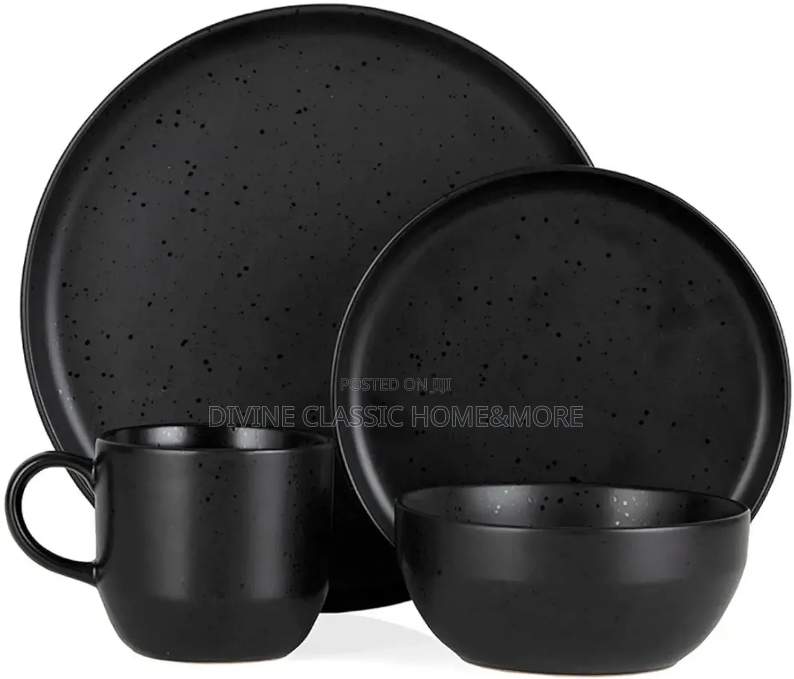 Barbary Oak Luna 16 Piece Dinnerware Set, Stoneware, Matte Black