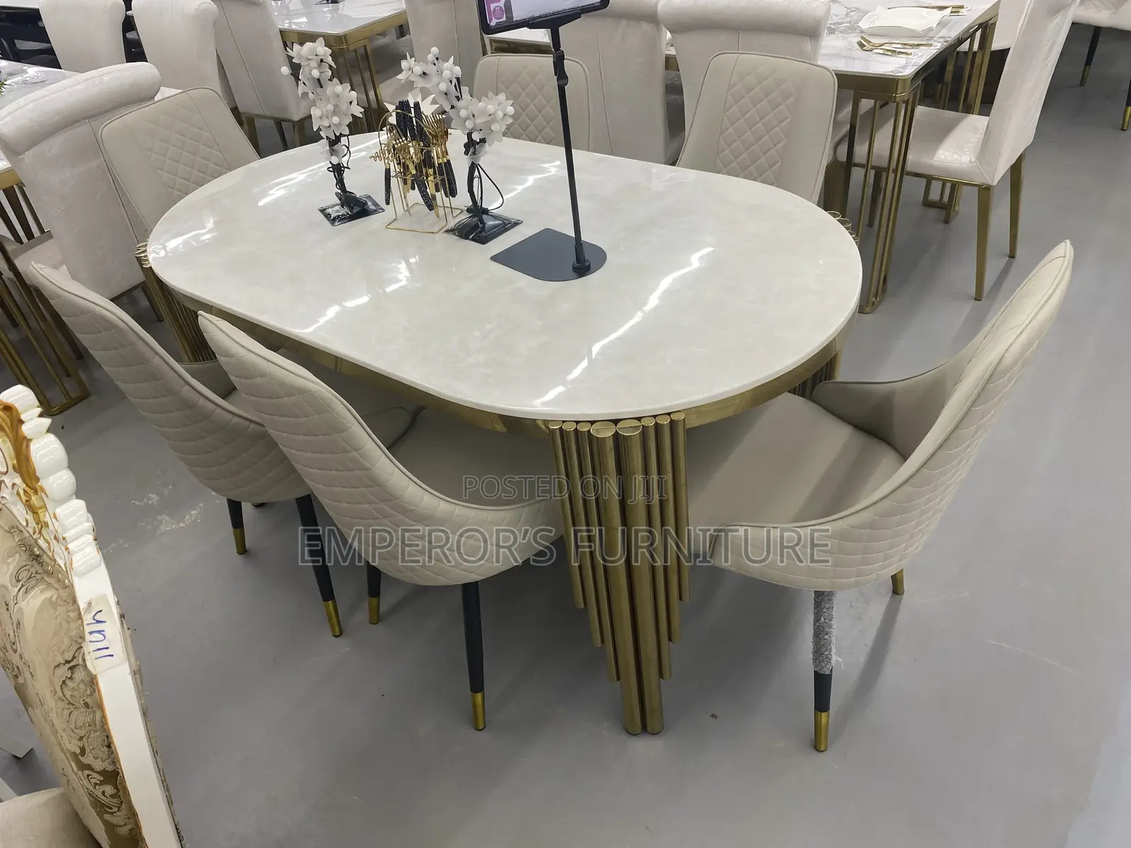 Glossy Marble Dining Table With Six Chairs