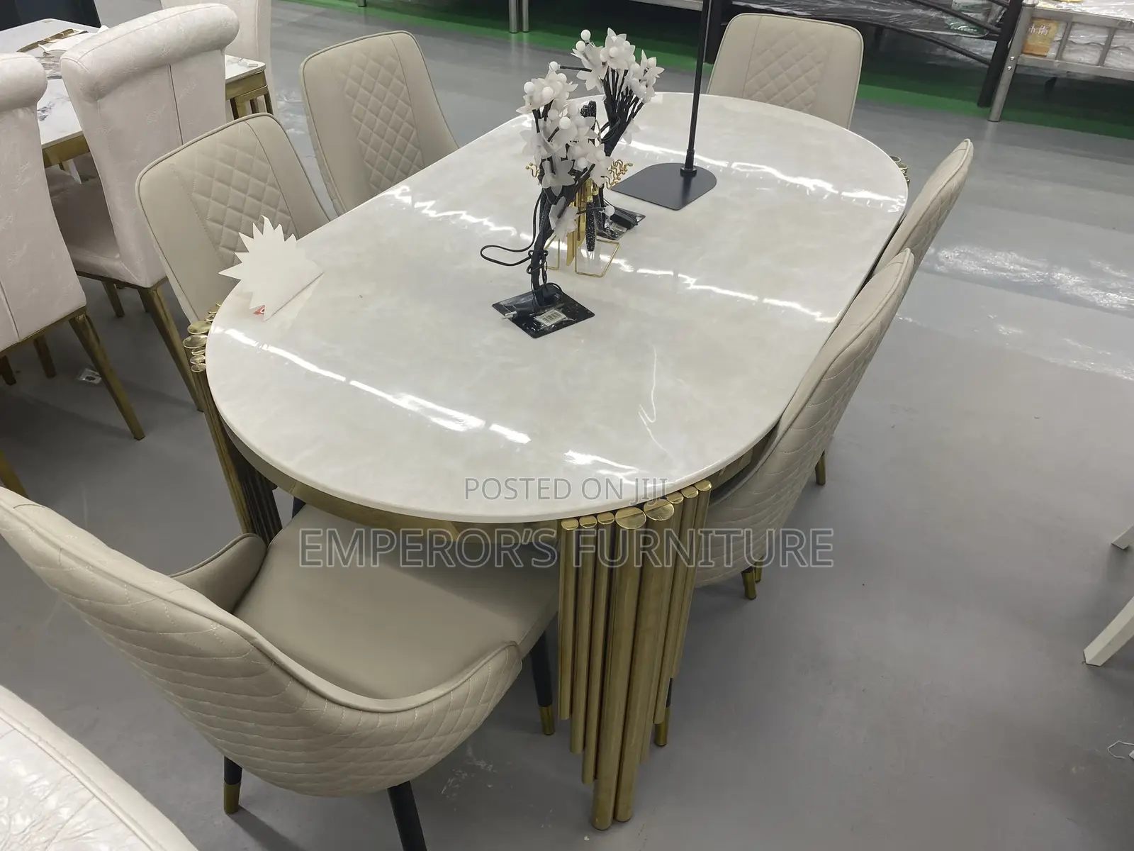 Glossy Marble Dining Table With Six Chairs