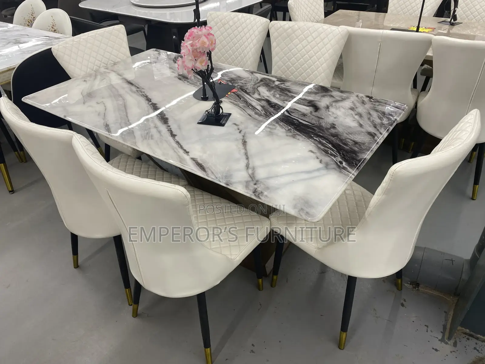 Glossy Marble Top Six Seater Dining Set