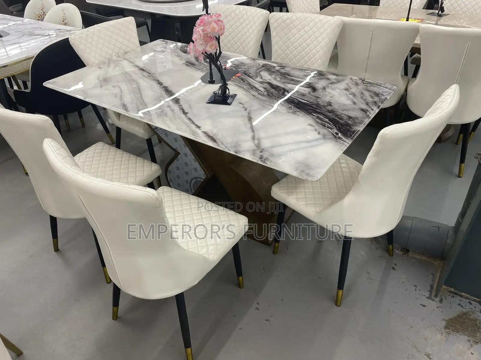 Glossy Marble Top Six Seater Dining Set