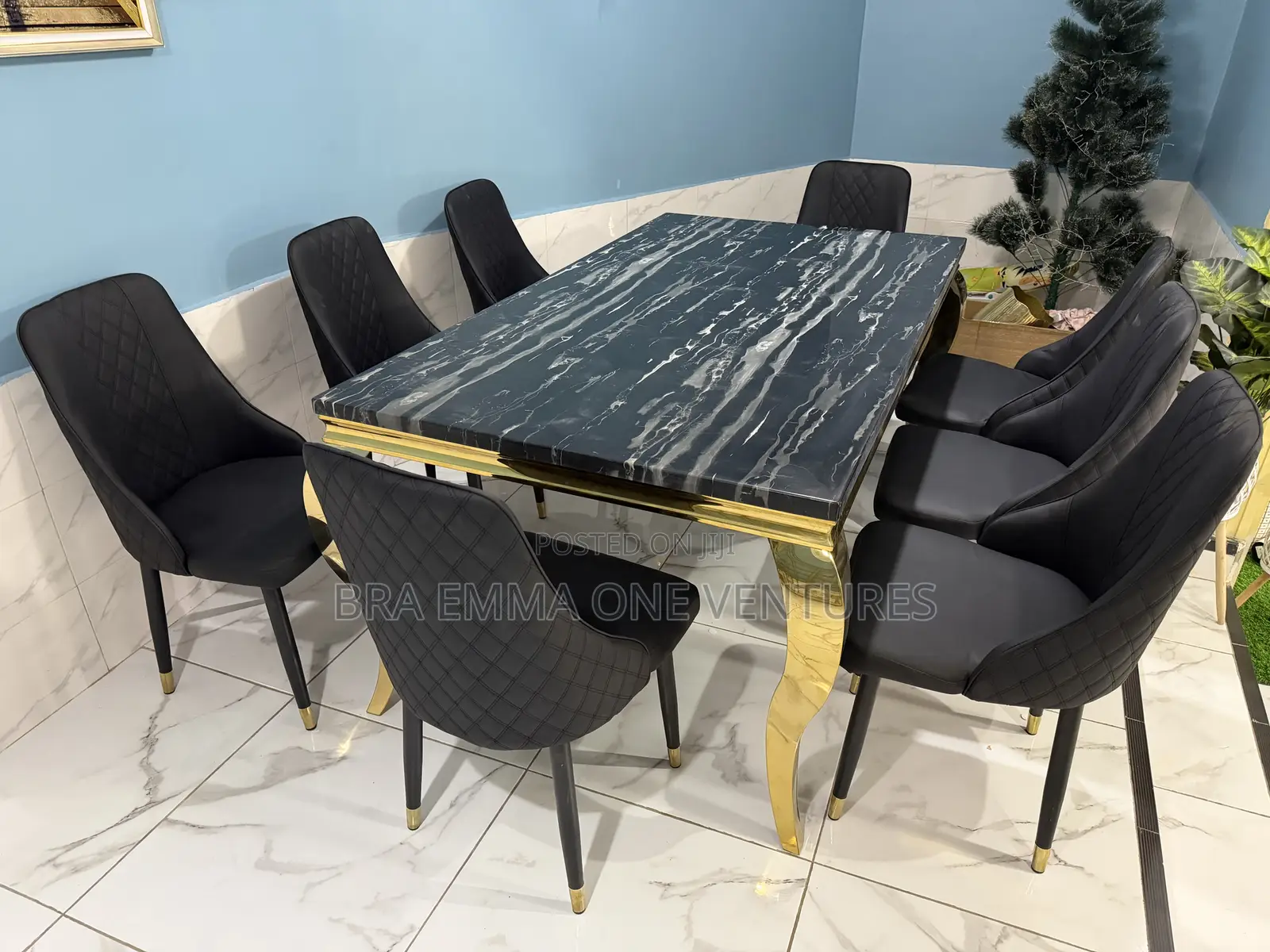 Luxury 8-seater Dining Set – Black & Gold Finish (Marble Top)
