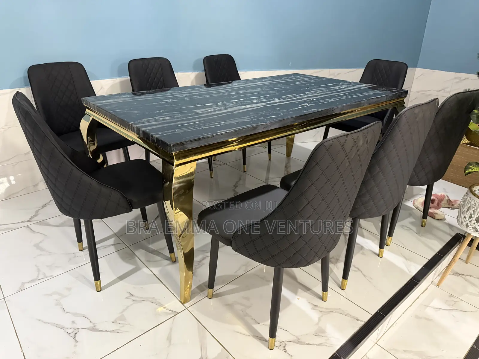 Luxury 8-seater Dining Set – Black & Gold Finish (Marble Top)