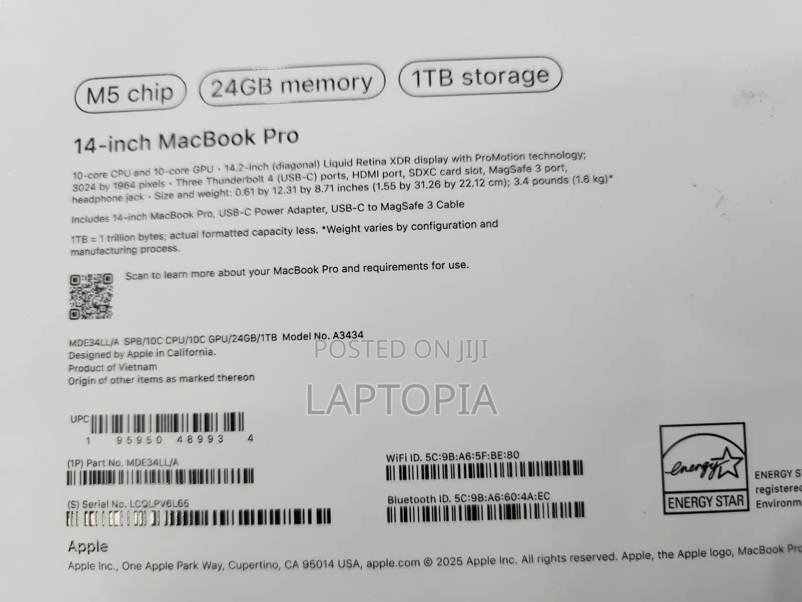 New Laptop Apple MacBook Pro 2025 M5 24GB Apple M5 SSD 1T