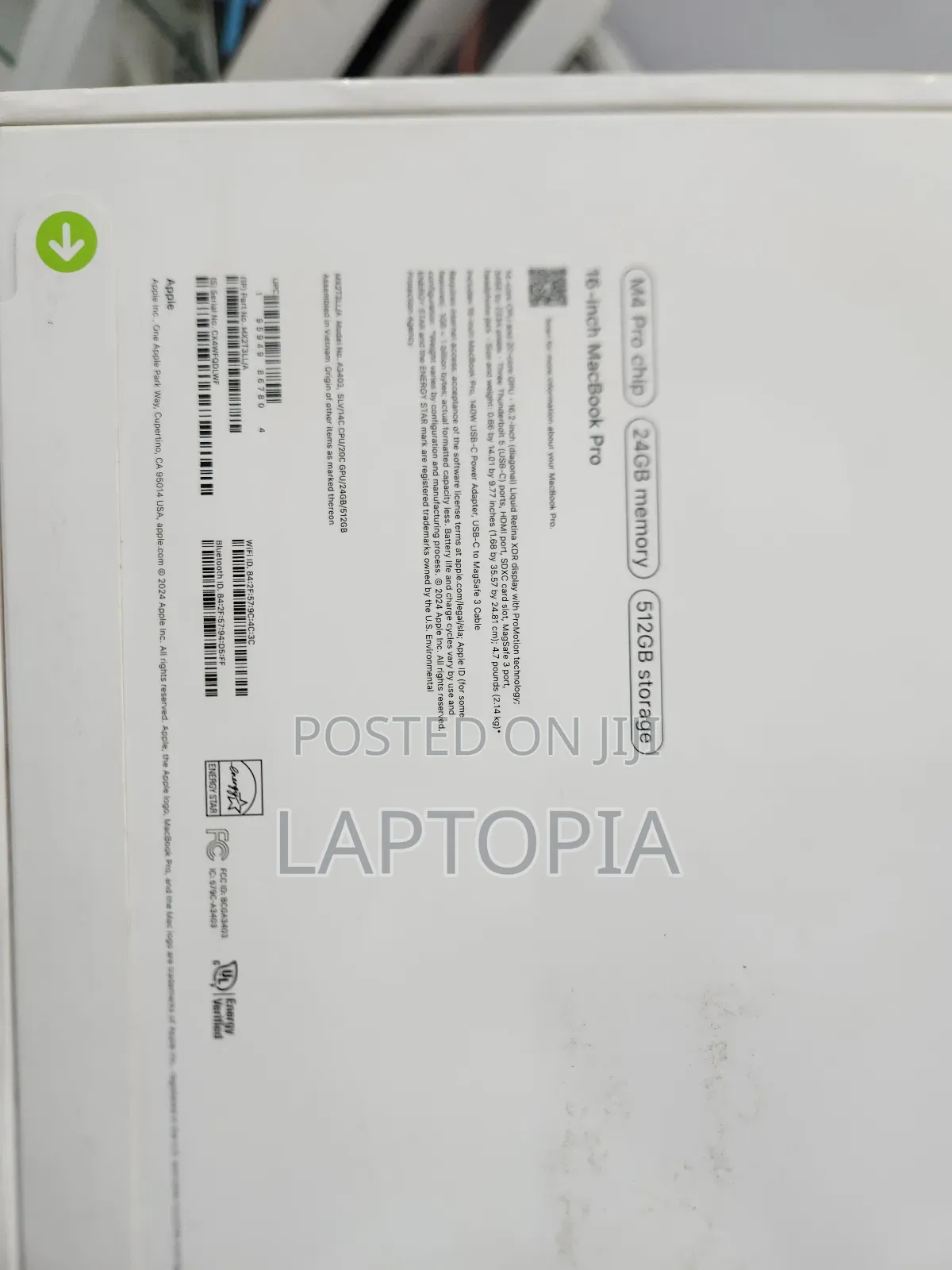 New Apple MacBook Pro 2024 M4 Pro 16-inch 24GB Apple M4 Pro SSD 512GB